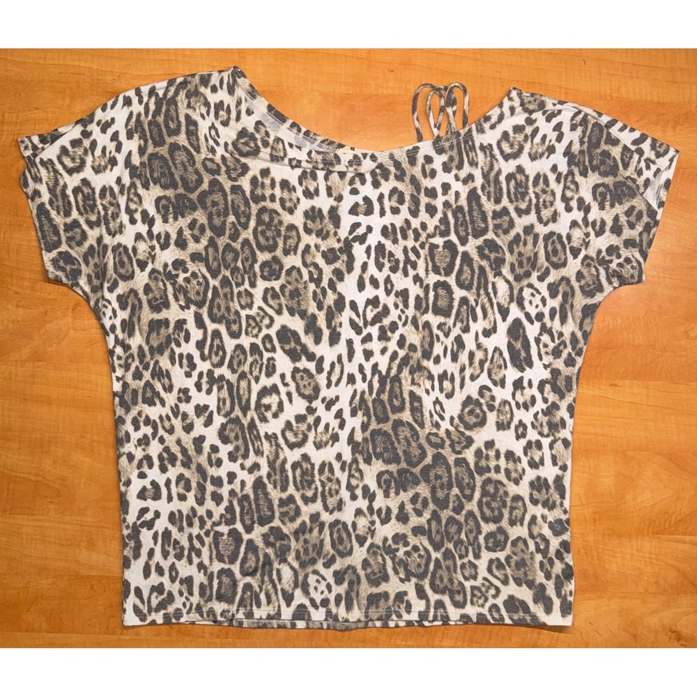 BIBI Leopard Print Cold Shoulder Top XL Asymmetrical Strappy Animal Print Tee